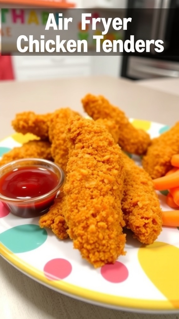Crispy Air Fryer Chicken Tenders for Kids Crispy chicken tenders on a plate with ketchup and carrot sticks, in a cheerful kitchen.